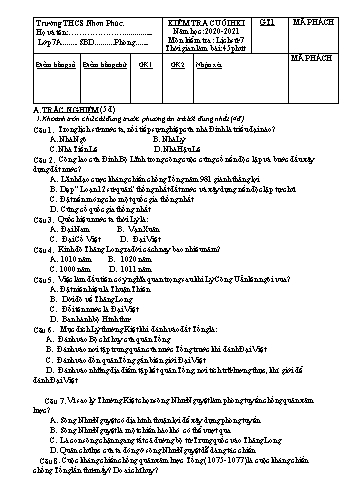 Đề kiểm tra cuối học kì I môn Lịch sử Lớp 7 - Năm học 2020-2021 - Trường THCS Nhơn Phúc (Có đáp án)