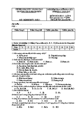 Đề kiểm tra giữa học kì I môn Hóa học Lớp 8 - Năm học 2020-2021 - Đề 2 - Trường THCS Nhơn Phúc