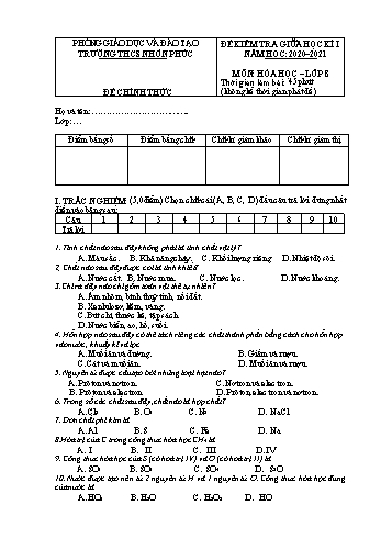 Đề kiểm tra giữa học kì I môn Hóa học Lớp 8 - Năm học 2020-2021 - Đề 1 - Trường THCS Nhơn Phúc