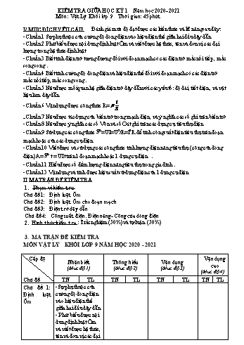 Đề kiểm tra giữa học kỳ I môn Vật Lý Lớp 9 - Năm học 2020-2021 (Có đáp án)