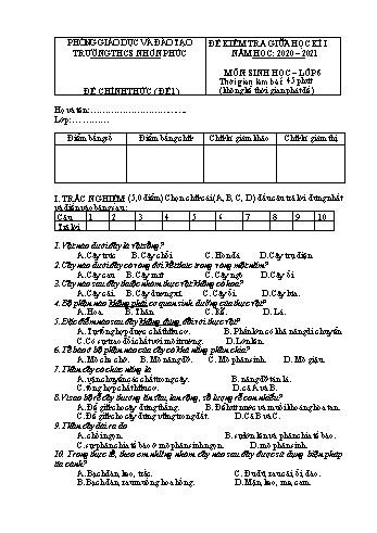 Đề kiểm tra giữa kì I môn Sinh học Lớp 6 - Năm học 2020-2021 - Đề 1 - Trường THCS Nhơn Phúc