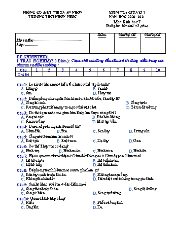 Đề kiểm tra giữa kì I môn Sinh học Lớp 7 - Năm học 2020-2021 - Đề 1 - Trường THCS Nhơn Phúc