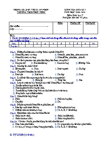 Đề kiểm tra giữa kì I môn Sinh học Lớp 7 - Năm học 2020-2021 - Đề 2 - Trường THCS Nhơn Phúc