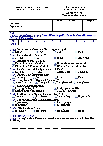 Đề kiểm tra giữa kì I môn Sinh học Lớp 8 - Năm học 2020-2021 - Đề 2 - Trường THCS Nhơn Phúc