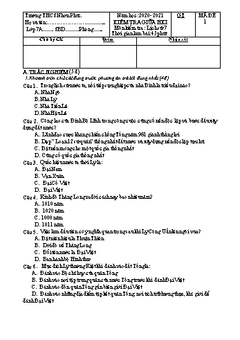 Đề kiểm tra giữa học kỳ I môn Lịch sử Lớp 7 + 8 - Năm học 2020-2021 - Trường THCS Nhơn Phúc (Có đáp án)