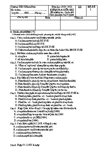 Đề kiểm tra giữa học kỳ I môn Lịch sử Lớp 8 - Năm học 2020-2021 - Trường THCS Nhơn Phúc (Có đáp án)