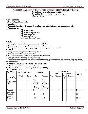 Đề kiểm tra giữa học kỳ I môn Tiếng Anh Lớp 9 - Năm học 2020-2021 - Nguyen Thi Bich Thu (Có đáp án)