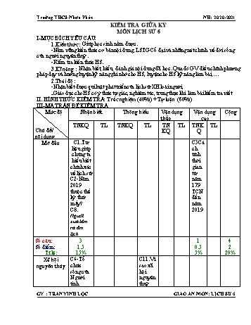 Đề kiểm tra giữa kỳ 1 môn Lịch sử Lớp 6 - Năm học 2020-2021 - Trần Vĩnh Lộc (Có đáp án)