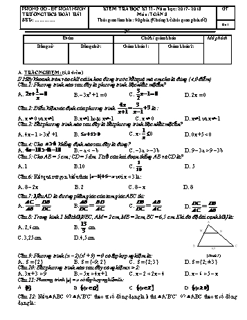 Đề kiểm tra học kì II môn Toán Lớp 8 - Năm học 2017-2018 - Trường THCS Hoài Hải (Có đáp án)
