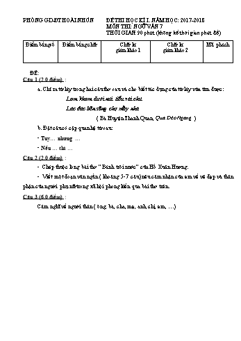 Đề thi học kì I môn Ngữ văn Lớp 7 - Năm học 2017-2018 - Phòng GDĐT Hoài Nhơn (Có đáp án)