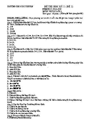 Đề thi học kỳ I môn Vật lý Lớp 9 - Đề 2 - Năm học 2014-2015 - Trường THCS Tây Thuận (Có đáp án)