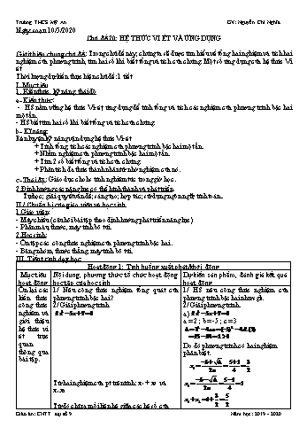 Giáo án Đại số Lớp 9 - Chủ đề 20: Hệ thức Vi ét và ứng dụng - Năm học 2019-2020 - Nguyễn Chí Nghĩa
