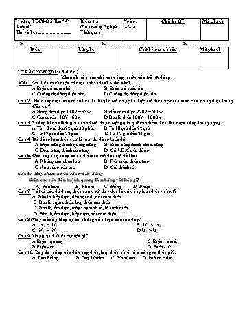 Đề kiểm tra kiến thức học sinh môn Công nghệ 8 (Trong thời gian nghỉ covid-2019) - Trường THCS Giá Rai