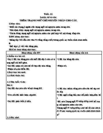 Giáo án Luyện từ và câu Lớp 4, Tuần 32: Thêm trạng ngữ chỉ nguyên nhân cho câu