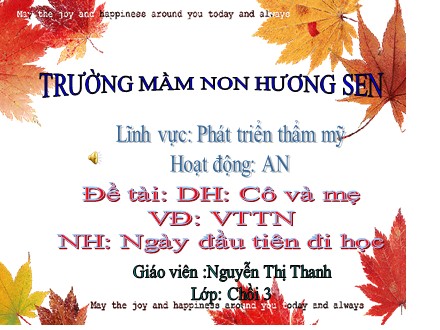 Bài giảng Lớp Chồi 3 - Lĩnh vực phát triển thẩm mỹ, Đề tài: Cô và mẹ, Ngày đầu tiên đi học - Nguyễn Thị Thanh