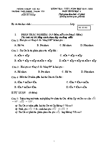 Đề kiểm tra 1 tiết Hình học Lớp 6 - Năm học 2019-2020 - Huỳnh Văn Giàu - Mã đề 002 (Có hướng dẫn chấm)