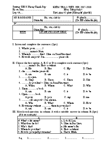 Đề kiểm tra 1 tiết môn Tiếng Anh Lớp 6 - Năm học 2017-2018 - Trường THCS Phong Thạnh Tây