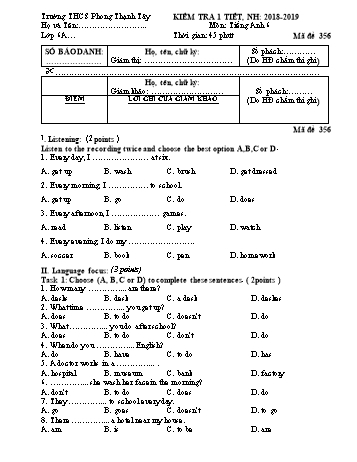Đề kiểm tra 1 tiết môn Tiếng Anh Lớp 6 - Năm học 2018-2019 - Trường THCS Phong Thạnh Tây (Lần 2) - Có đáp án