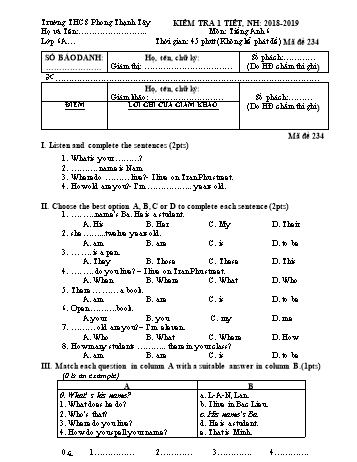 Đề kiểm tra 1 tiết môn Tiếng Anh Lớp 6 - Năm học 2018-2019 - Trường THCS Phong Thạnh Tây (Có đáp án)