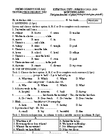 Đề kiểm tra 1 tiết môn Tiếng Anh Lớp 6 - Năm học 2019-2020 - Trường THCS Phong Thạnh Tây - Lần 2 (Có đáp án)