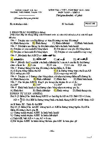 Đề kiểm tra 1 tiết môn Toán Lớp 8 - Năm học 2019-2020 - Trường THCS Phong Thạnh Tây - Mã đề 248