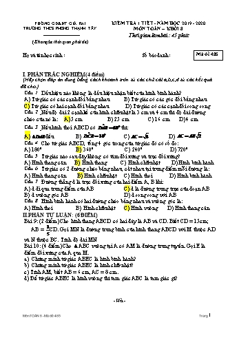 Đề kiểm tra 1 tiết môn Toán Lớp 8 - Năm học 2019-2020 - Trường THCS Phong Thạnh Tây - Mã đề 458