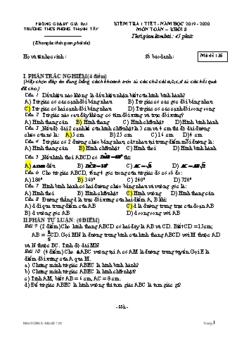 Đề kiểm tra 1 tiết môn Toán Lớp 8 - Năm học 2019-2020 - Trường THCS Phong Thạnh Tây - Mã đề 135