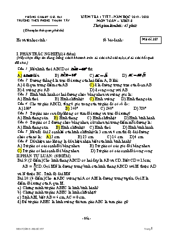 Đề kiểm tra 1 tiết môn Toán Lớp 8 - Năm học 2019-2020 - Trường THCS Phong Thạnh Tây - Mã đề 357