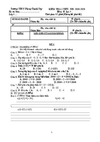Đề kiểm tra 1 tiết Số học Lớp 6 - Năm học 2019-2020 - Trường THCS Phong Thạnh Tây - Đề 3