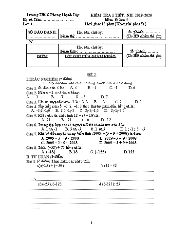 Đề kiểm tra 1 tiết Số học Lớp 6 - Năm học 2019-2020 - Trường THCS Phong Thạnh Tây - Đề 2