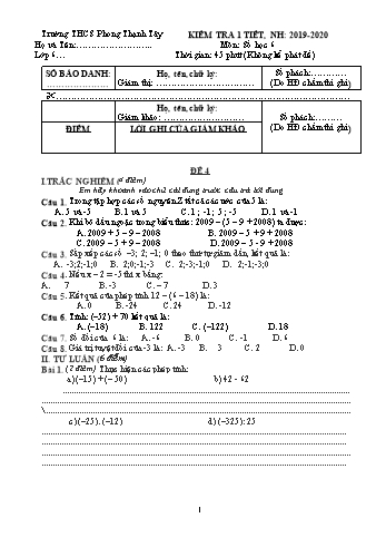 Đề kiểm tra 1 tiết Số học Lớp 6 - Năm học 2019-2020 - Trường THCS Phong Thạnh Tây - Đề 4