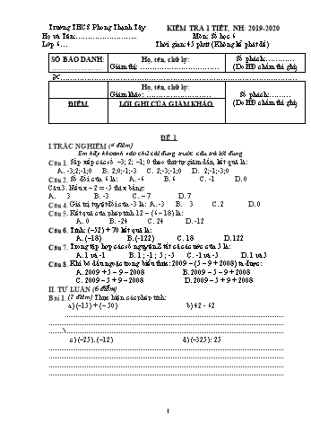 Đề kiểm tra 1 tiết Số học Lớp 6 - Năm học 2019-2020 - Trường THCS Phong Thạnh Tây - Đề 1