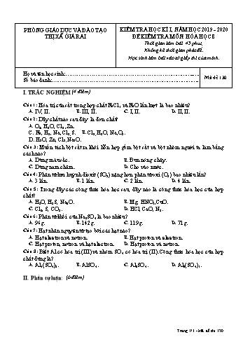 Đề kiểm tra học kì I môn Hóa học Lớp 8 - Năm học 2019-2020 - Trường THCS Phong Thạnh Tây - Mã đề 130 (Có đáp án)