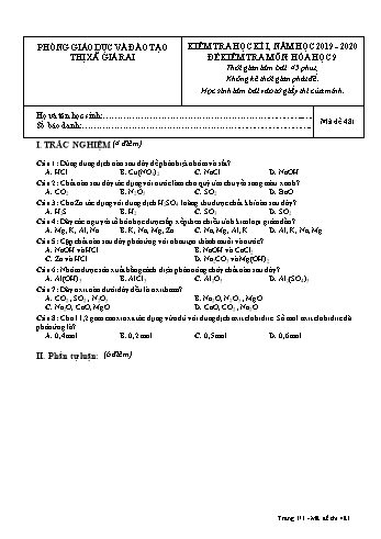 Đề kiểm tra học kì I môn Hóa học Lớp 9 - Năm học 2019-2020 - Trường THCS Phong Thạnh Tây - Mã đề 481 (Có đáp án)