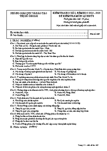 Đề kiểm tra học kì I môn Lịch sử Lớp 8 - Năm học 2019-2020 - Trường THCS Phong Thạnh Tây - Mã đề 487 (Có đáp án)