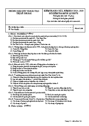Đề kiểm tra học kì I môn Lịch sử Lớp 8 - Năm học 2019-2020 - Trường THCS Phong Thạnh Tây - Mã đề 354 (Có đáp án)