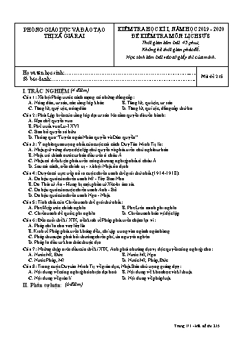 Đề kiểm tra học kì I môn Lịch sử Lớp 8 - Năm học 2019-2020 - Trường THCS Phong Thạnh Tây - Mã đề 215 (Có đáp án)
