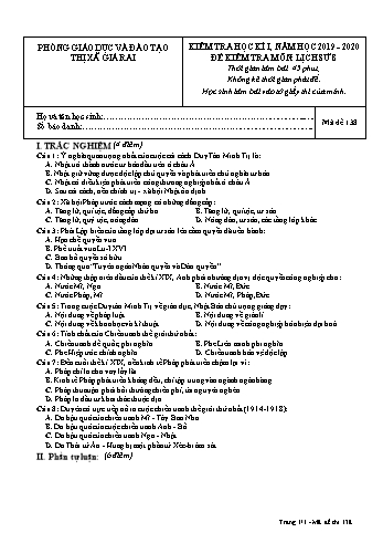 Đề kiểm tra học kì I môn Lịch sử Lớp 8 - Năm học 2019-2020 - Trường THCS Phong Thạnh Tây - Mã đề 138 (Có đáp án)