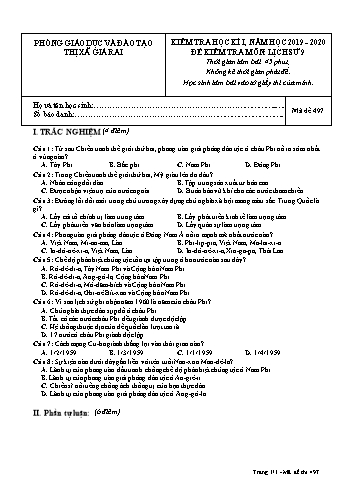 Đề kiểm tra học kì I môn Lịch sử Lớp 9 - Năm học 2019-2020 - Trường THCS Phong Thạnh Tây - Mã đề 497 (Có đáp án)