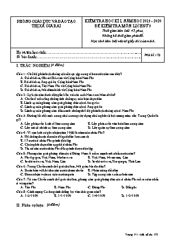 Đề kiểm tra học kì I môn Lịch sử Lớp 9 - Năm học 2019-2020 - Trường THCS Phong Thạnh Tây - Mã đề 173 (Có đáp án)