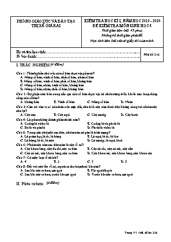 Đề kiểm tra học kì I môn Sinh học Lớp 6 - Năm học 2019-2020 - Trường THCS Phong Thạnh Tây - Mã đề 246 (Có đáp án)