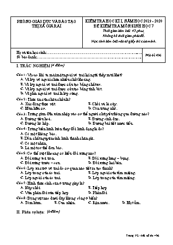 Đề kiểm tra học kì I môn Sinh học Lớp 7 - Năm học 2019-2020 - Trường THCS Phong Thạnh Tây - Mã đề 496 (Có đáp án)