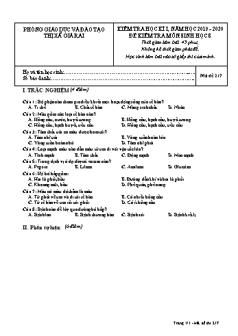 Đề kiểm tra học kì I môn Sinh học Lớp 8 - Năm học 2019-2020 - Trường THCS Phong Thạnh Tây - Mã đề 217 (Có đáp án)
