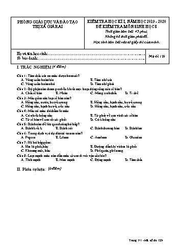 Đề kiểm tra học kì I môn Sinh học Lớp 8 - Năm học 2019-2020 - Trường THCS Phong Thạnh Tây - Mã đề 129 (Có đáp án)