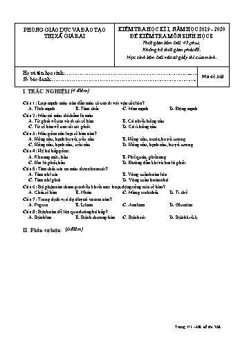 Đề kiểm tra học kì I môn Sinh học Lớp 8 - Năm học 2019-2020 - Trường THCS Phong Thạnh Tây - Mã đề 368 (Có đáp án)
