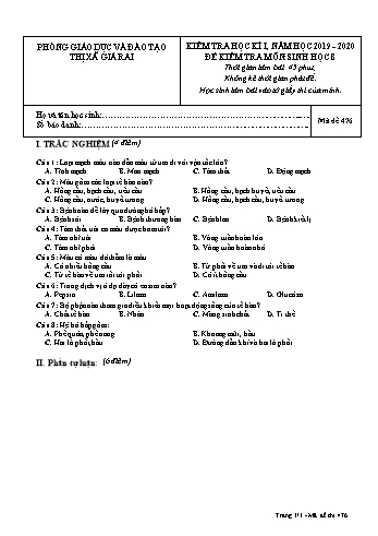 Đề kiểm tra học kì I môn Sinh học Lớp 8 - Năm học 2019-2020 - Trường THCS Phong Thạnh Tây - Mã đề 476 (Có đáp án)