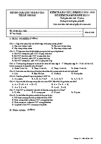 Đề kiểm tra học kì I môn Sinh học Lớp 9 - Năm học 2019-2020 - Trường THCS Phong Thạnh Tây - Mã đề 495 (Có đáp án)