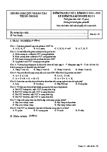 Đề kiểm tra học kì I môn Sinh học Lớp 9 - Năm học 2019-2020 - Trường THCS Phong Thạnh Tây - Mã đề 172 (Có đáp án)