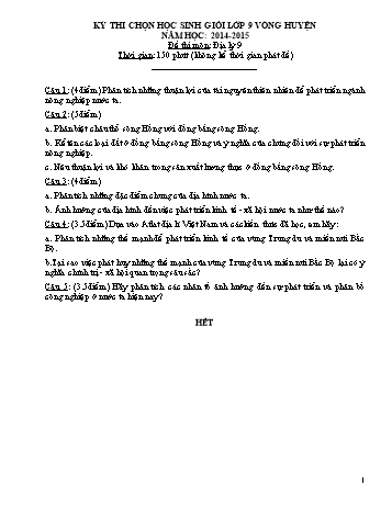 Đề thi chọn HSG cấp Huyện môn Địa lý Lớp 9 - Năm học 2014-2015 (Có đáp án)