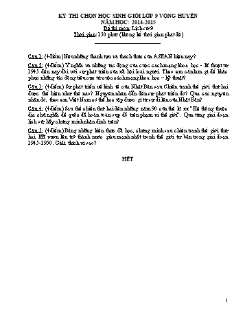 Đề thi chọn HSG cấp Huyện môn Lịch sử Lớp 9 - Năm học 2014-2015 (Có đáp án)